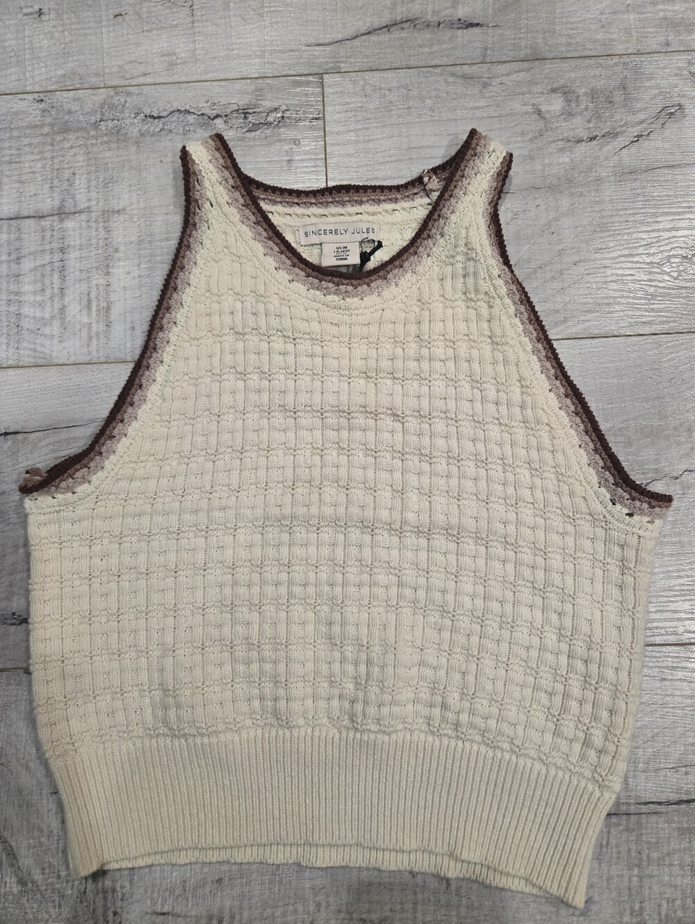 Sincerly Jules Cream Knit Crop Tank with Brown Contrast Trim